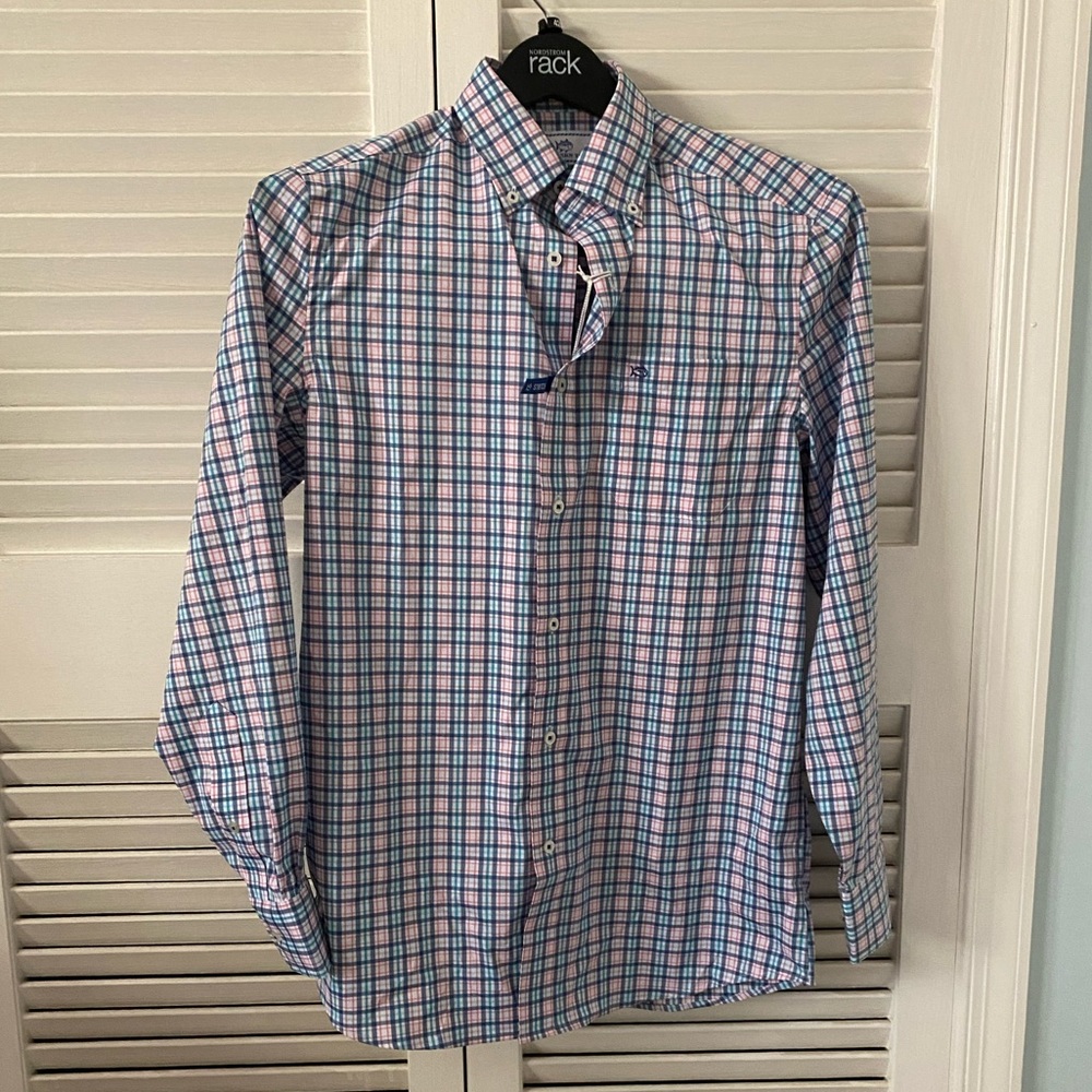NWT Southern Tide Surfsong Plaid Intercoastal Performance Shirt in 7 Seas Blue